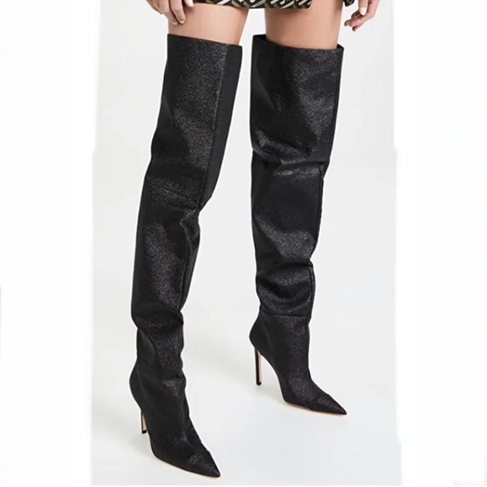 New! Good American Glitter Elegant Black Over-the-Knee Boots, Size 7,5